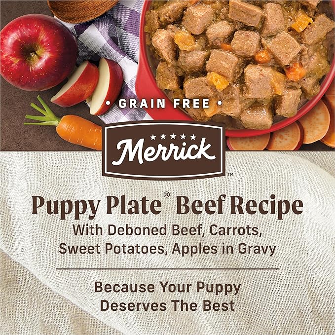 Merrick Puppy Plate Grain Free Wet Puppy Food with Real Deboned Beef, Carrots, Sweet Potatoes and Apples in Gravy, 12.7 oz. Can