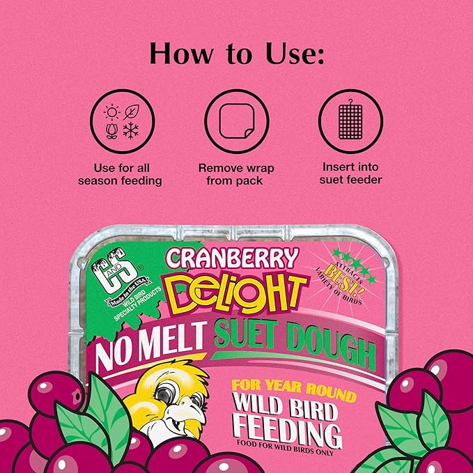 C&S Cranberry Delight No Melt Suet Dough, Suet Cakes for Wild Birds Including Robins, Blue Jays, Bluebirds, Tanagers, Thrushes and More, 8 Pack