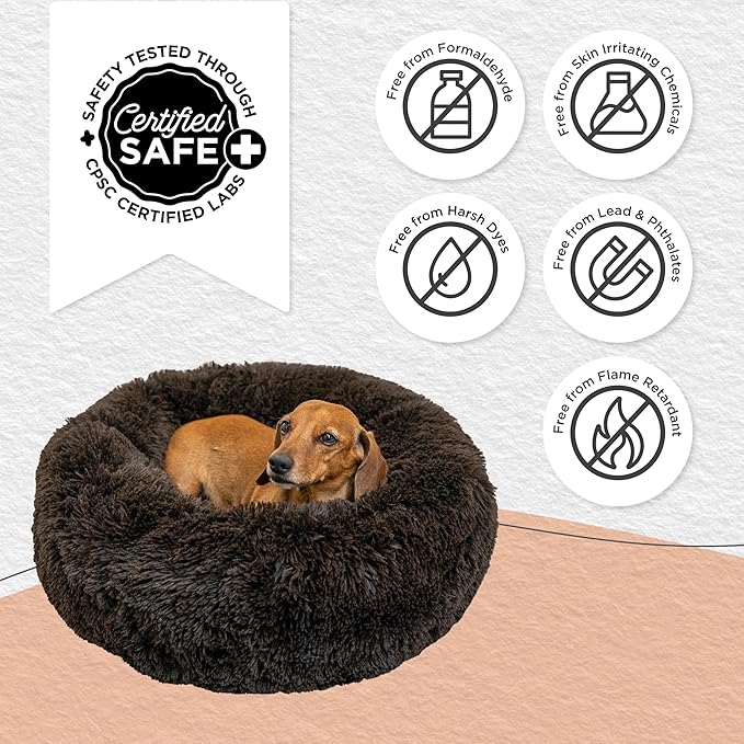 Best Friends by Sheri The Original Calming Donut Dog Bed for Small Dogs up to 25 lbs, Shag Faux Fur, Dark Chocolate, 23" x 23"