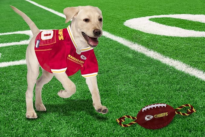 Pets First NFL Kansas City Chiefs Football Dog Toy, Tough Quality Nylon Materials, Strong Pull Ropes, Inner Squeaker, NFL Team Color