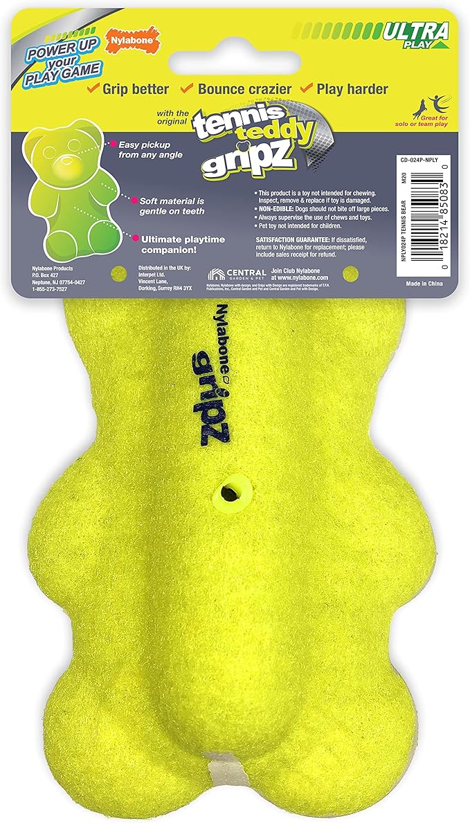 Nylabone Power Play Tennis Ball Teddy Bear Gripz Felt Rubber Fetch Toy, Squeaky Toys for Dogs, Medium (1 Count)