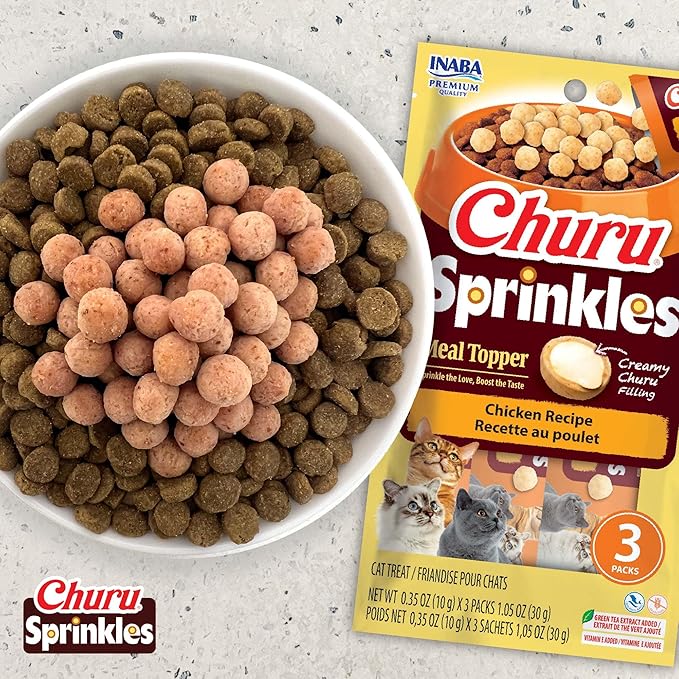INABA Churu Sprinkles for Cat, Soft & Chewy Churu Filled, Baked Chicken Cat Treat Meal Topper with Vitamin E and Green Tea Extract, 1.05 oz. per Pack, 18 Packs Total, Tuna and Salmon Recipe