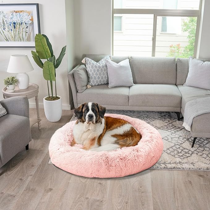 Best Friends by Sheri The Original Calming Donut Dog Bed for Extra-Large Dogs up to 150 lbs, Shag Faux Fur, Cotton Candy Pink, 45" x 45"