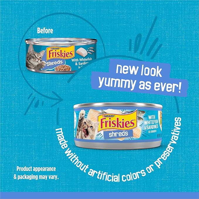 Purina Friskies Wet Cat Food, Shreds With Whitefish & Sardines in Sauce - (Pack of 24) 5.5 Oz. Cans