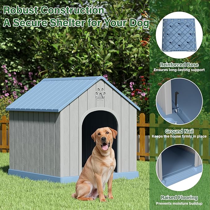 Bifanuo Large Dog House for Outdoor & Indoor, Waterproof Puppy Shelter with Air Vents & Elevated Floor, Easy Assemble Sturdy Dog Kennel for Large Dogs (Blue, 36.2''L×38''W×38''H)