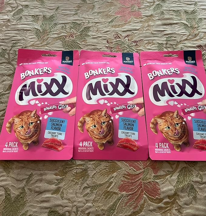 Bonkers Mixx, Wet Lickable Tube Succulent Salmon Flavor Cat Treats, Real Meat, Training or Food Topper, for All Breeds and Ages (3 Pack)