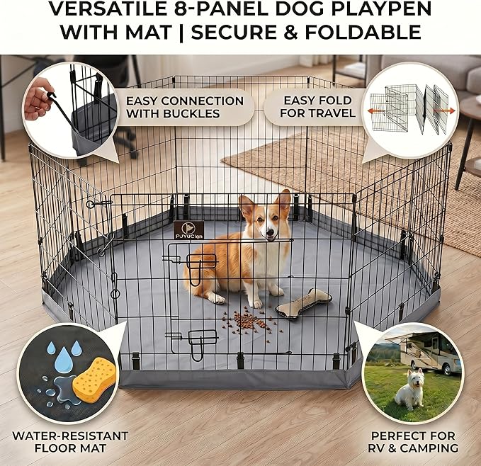 PJYuCien Dog Playpen with Bottom Pad - Metal Foldable Exercise Pen, 8 Panels 30" H x 24" W Indoor Outdoor Pet Fence Puppy Crate Kennel, Gray