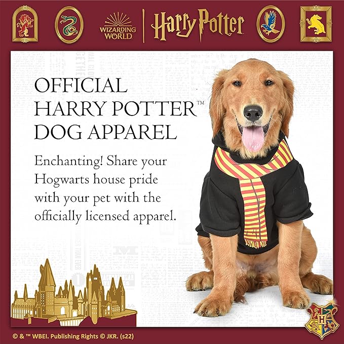 Harry Potter Gryffindor Dog Hoodie with Faux Scarf - Officially Licensed Dog Apparel & Accessories for Hogwarts Houses, Black, Size X-Small