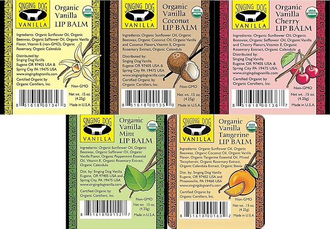 Singing Dog Vanilla USDA Organic Beeswax Lip Balm, 5-Flavor Variety Pack - Vanilla, Cherry, Coconut, Mint, Tangerine - Vitamin E, Grade A Vanilla, 0.15 oz each