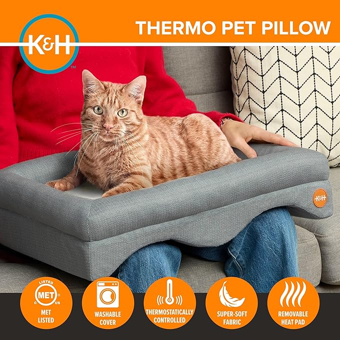 K&H Heated Cat Lap Bed - Indoor Thermo Pet Pillow Orthopedic Bolstered Lap Bed with Removable Waterproof Cat Heating Pad, Indoor Warming Couch Bed, Machine Washable, MET Listed - 23" x 15"
