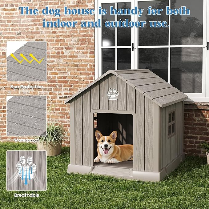 Bifanuo Dog House for Outdoor & Indoor Use with Window, Waterproof Ventilated Kennel with Elevated Floor, Easy to Clean Shelter for Small Medium Dogs (Grey, 29.9" L x 32.3" W x 32.5" H)