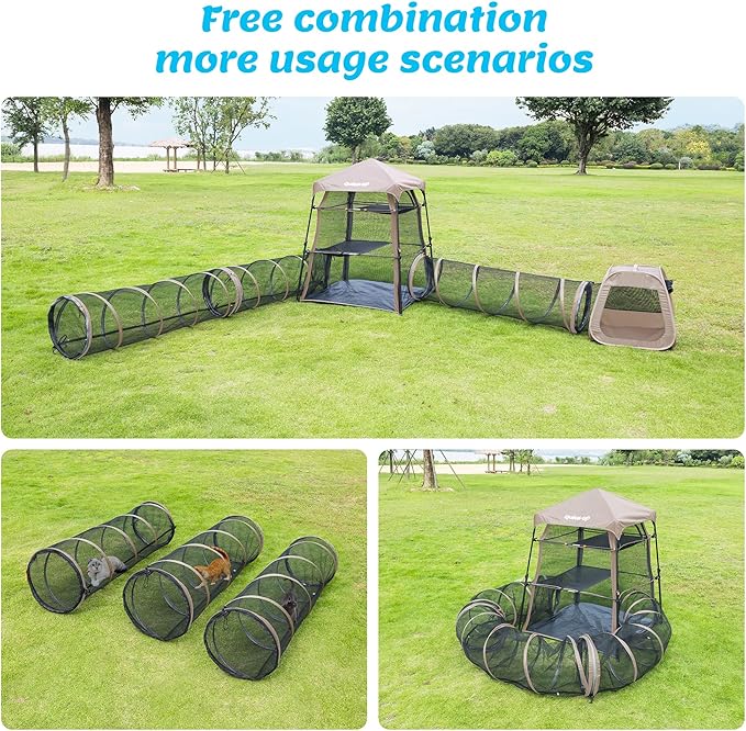 Cat Play Tunnel-3 Packs for Indoor and Outdoor,Pet Tunnel,Cat Enclosure, Easy to Connect with Two Zipper Doors,Product Size 59'' x 18'',Tan Trim (3 Tunnels)