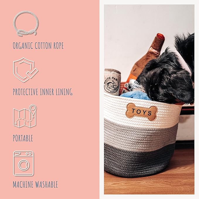 Park Life Designs Florence Dog Toy Storage Bin, Cotton Pet Organizer for Dogs, Cats, Puppies & Kittens, White-Gray Zigzag