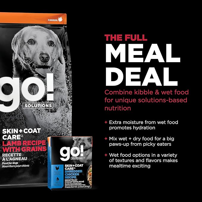 Go! Solutions Skin + Coat Care Lamb Dry Dog Food with Grains, Chicken-Free, Healthy Kibble with Omega-3s & 6s for Soft, Shiny Fur, for Puppies, Adults, & Seniors, 12 lb Bag