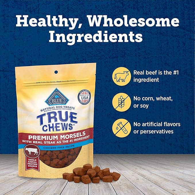 Blue Buffalo True Chews Premium Morsels Dog Treats, Made in The USA with Natural Ingredients, Steak, 10-oz Bag (Pack of 6)