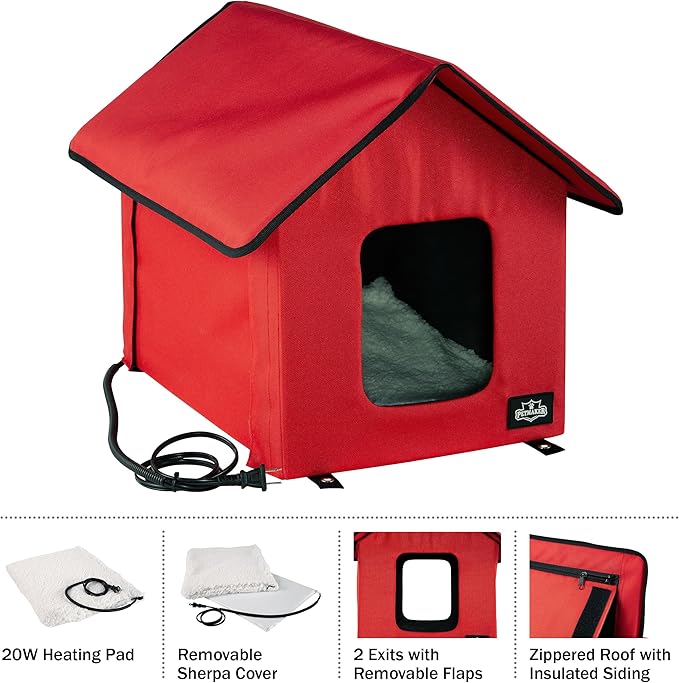 Heated Cat House - Double-Door Cat Bed with Zippered Roof, Pet Heating Pad, and Sherpa Cover - for Garage, Porch, Barn, or Basement by PETMAKER (Red)