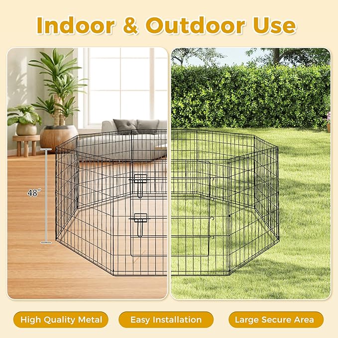 PAWZ Road Dog Playpen Foldable Metal Dog Fence with Door, Outdoor for Yard and Indoor Use Portable Design for RV and Camping- 8 Panels (24" Wide Each), 48 inch Height for Small Dogs Puppy Large Dogs