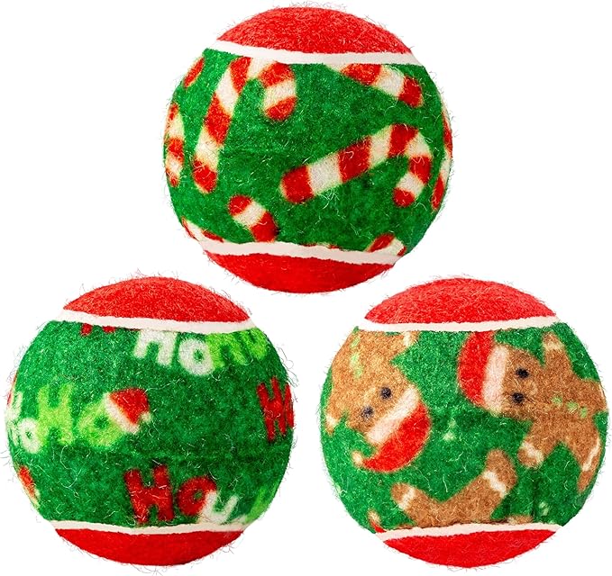KONG Holiday SqueakAir Tennis Balls Dog Toy – 6-Pack Plush-Felt Squeaky Fetch Balls with Christmas Theme, Non-Abrasive Material Gentle on Teeth (Medium)