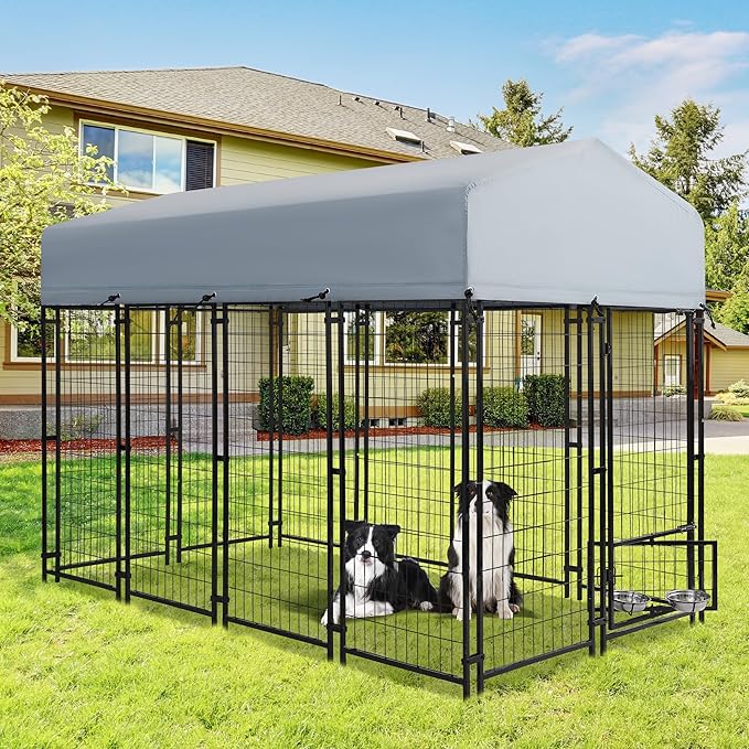 8x4x6 FT Dog Kennel Outdoor for Large Dogs,Dog Enclosure Dog Cage Pet House with UV-Resistant Waterproof Cover,Double Safety Locks,Rotating Feeding Bowls