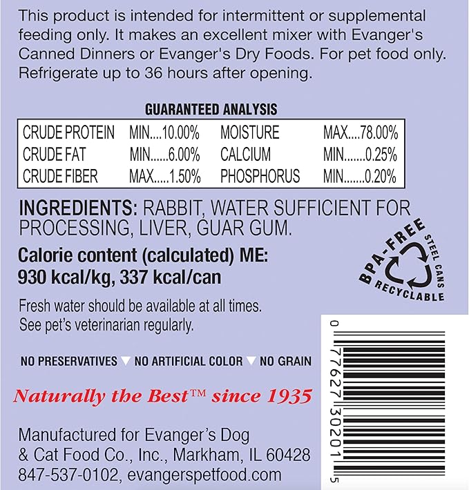 Evanger's Complements Rabbit for Dogs & Cats – 12 Count, 12.5 oz Each – Single-Protein Formula Cooked in Broth – Grain & Gluten Free – Wet Dog & Cat Food