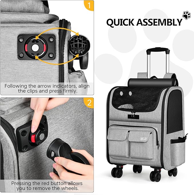 MGB Large Pet Carrier, Foldable Rolling Dog Carrier with Removable Wheels, Cat Rolling Bag 21.3"x15"x12.2" for 2 Cats & 1 Dog for Travel, Outdoor, Vet Visits, Camping, Indoor. Gray. (Not for Airline)