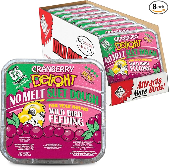 C&S Cranberry Delight No Melt Suet Dough, Suet Cakes for Wild Birds Including Robins, Blue Jays, Bluebirds, Tanagers, Thrushes and More, 8 Pack