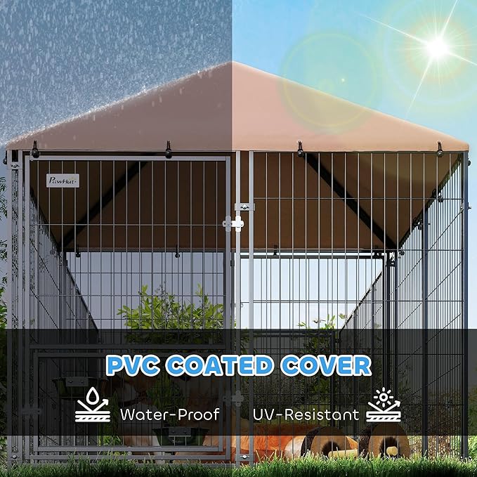 PawHut Dog Kennel Outside with 1 Room, Large Outdoor Dog Kennel Run w/Rotating & Adjustable Bowls, Waterproof & UV-Resistant Canopy, Welded Wire Pet Enclosure for Yard Garden, 11.3' x 4.7' x 5.1'