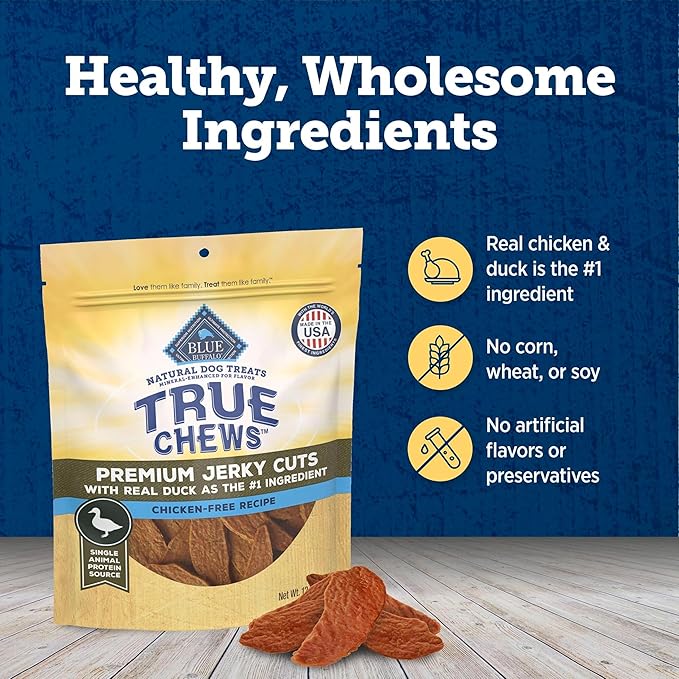 Blue Buffalo True Chews Premium Jerky Cuts Dog Treats, Made in the USA with Natural Ingredients, Duck, 12-oz Bag