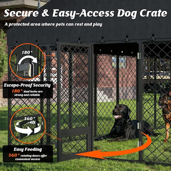 10x14FT Dog Kennel Outdoor with Roof - Heavy Duty Metal Fence Playpen for Large Dogs, Weatherproof Enclosure with Double Lock Gate & Feeding Swivel Door