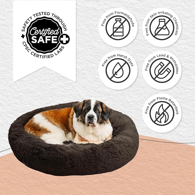 Best Friends by Sheri The Original Calming Donut Dog Bed for Extra-Large Dogs up to 150 lbs, Shag Faux Fur, Dark Brown, 45" x 45"