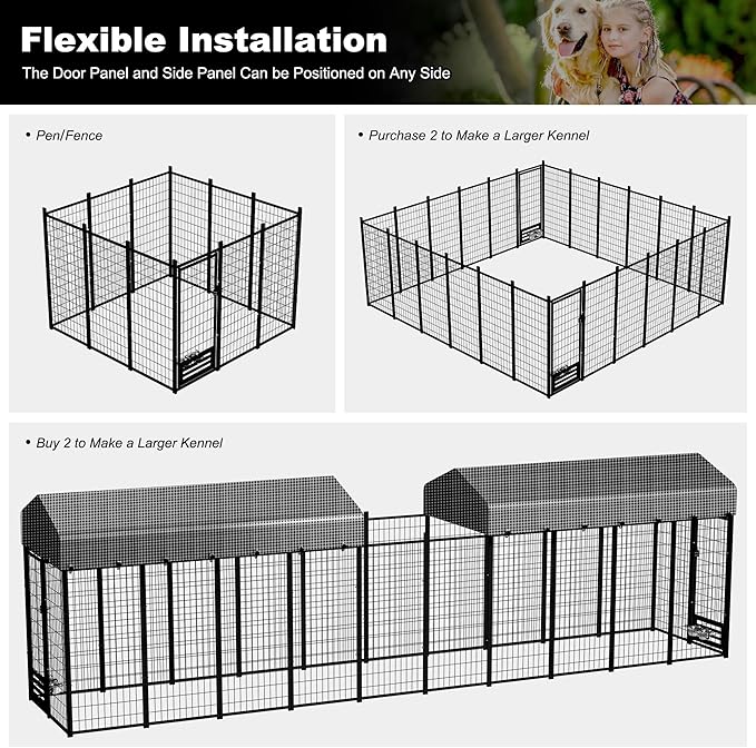 Outdoor Dog Kennel for Large Dogs, Dog Playpen Run Fence House for Yard, Heavy Duty Dog Kennel Outside with Feeding Door & Roof Cover(8'L x 4'W x 6'H)