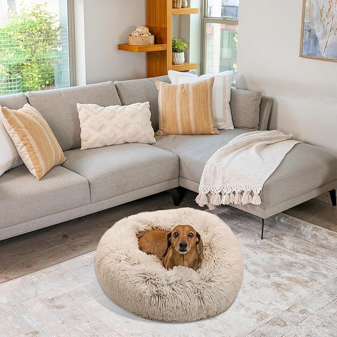 Best Friends by Sheri The Original Calming Donut Dog Bed for Small Dogs up to 25 lbs, Shag Faux Fur, Taupe, 23" x 23"