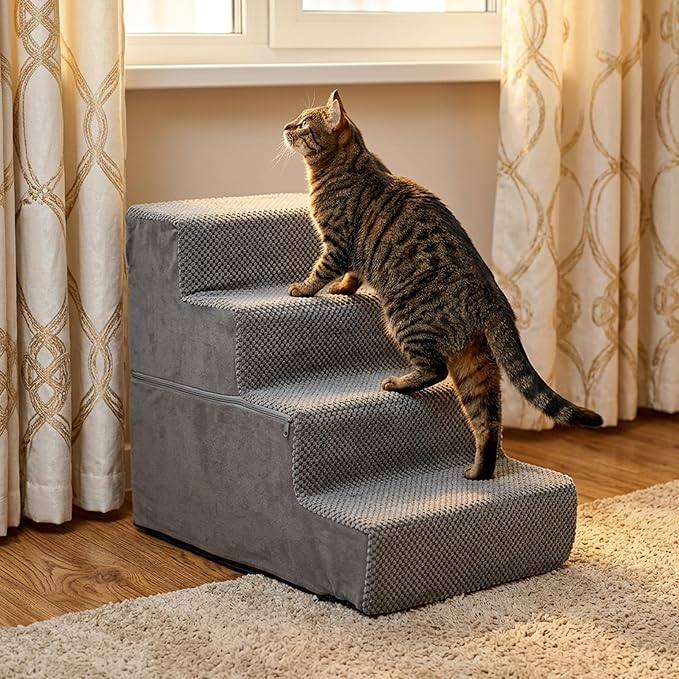 HealSmart Dog Stairs for Small Dogs, 4-Step Design Pet Steps for Puppies and Senior Cats, Versatile Indoor Pet Ramp Suitable for Sofa Couch and Chair, Non-Slip High-Density Foam Pet Ladder, Gray