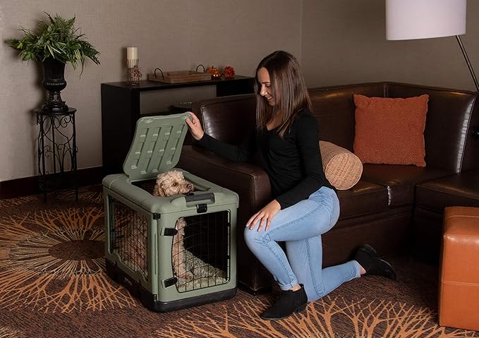 Pet Gear “The Other Door” 4 Door Steel Crate for Dogs/Cats with Garage-Style Door, Includes Plush Bed + Travel Bag, No Tools Required, Willow, 27 Inch