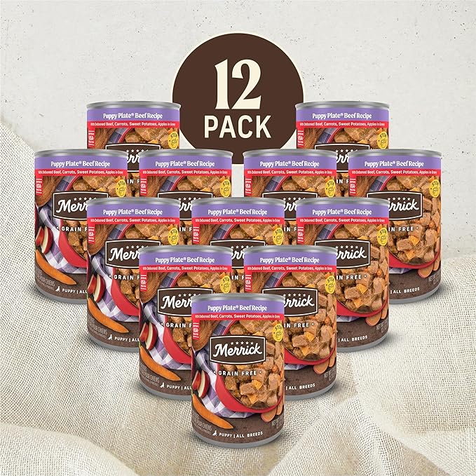 Merrick Puppy Plate Grain Free Wet Puppy Food with Real Deboned Beef, Carrots, Sweet Potatoes and Apples in Gravy, 12.7 oz. Can