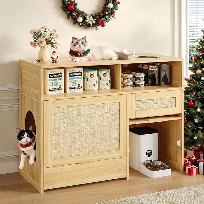 Einhomn Cat Litter Box Furniture 42'' Hidden Enclosure with Litter Drawer, Litterbox Cabinet with Storage, Boho Rattan Style Indoor Cat House Washroom, Fits Most of Litter Boxes