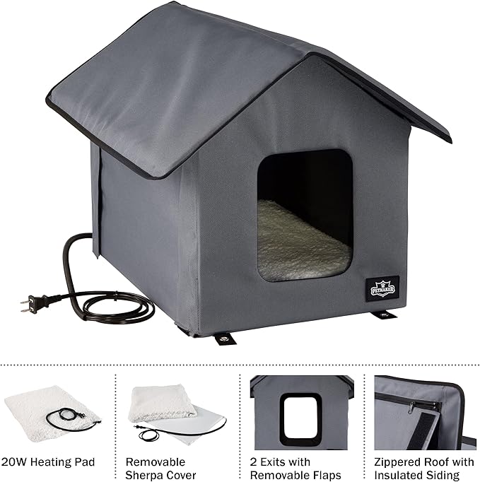 Heated Cat House - Double-Door Cat Bed with Zippered Roof, Pet Heating Pad, and Sherpa Cover - for Garage, Porch, Barn, or Basement by PETMAKER (Gray)