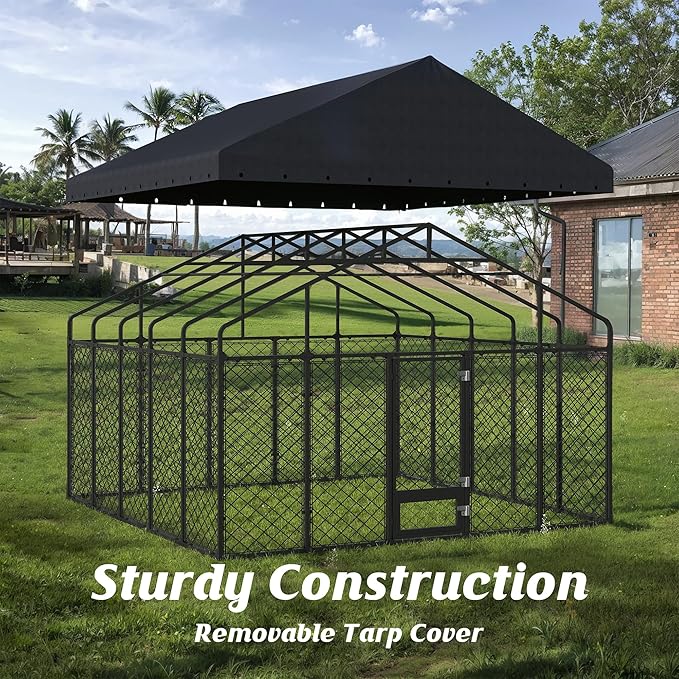 10x14FT Dog Kennel Outdoor with Roof - Heavy Duty Metal Fence Playpen for Large Dogs, Weatherproof Enclosure with Double Lock Gate & Feeding Swivel Door