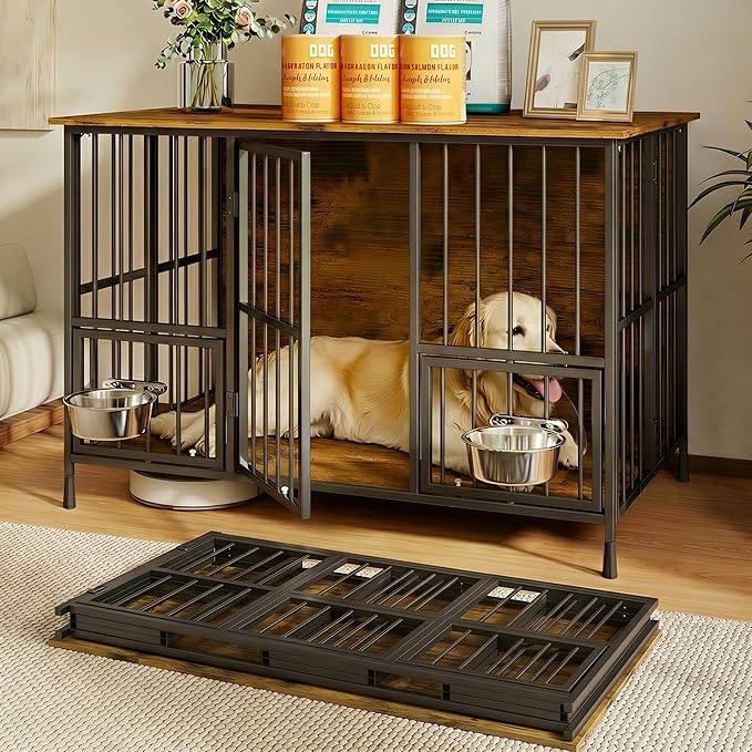 Hadulcet Foldable Dog Crate Furniture, 41'' No Assembly Indoor Dog Kennel with Storage Top, Wooden Dog Crate Table for Small to Medium Dogs, Furniture Style Dog Cage with 2 Bowls Rustic Brown