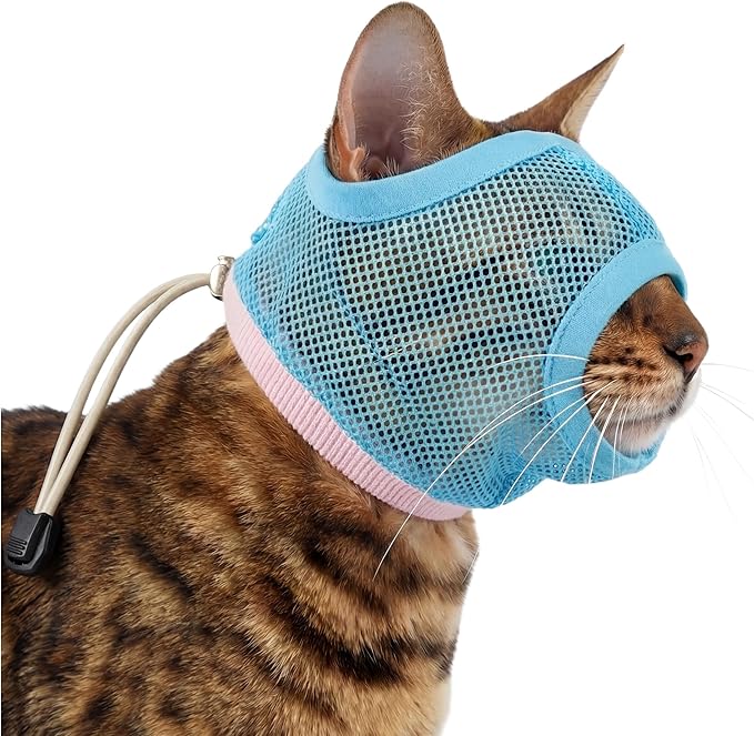 PUMYPOREITY 2 Pack Cat Calming Muzzle, Soft Breathable Mesh Cat Head Cover with Adjustable Strap, Calming & Anti-Bite Design for Grooming, Nail Trimming, Bathing and Vet Visits, Small, Blue