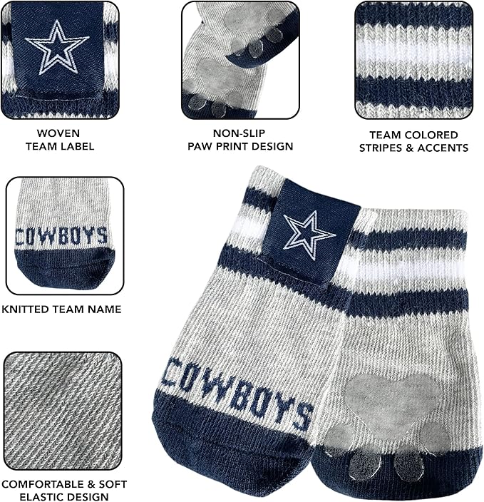 NFL Dallas Cowboys Anti Slip Dog Socks with Elastic Ribbed Top, Size Medium/Large. Indoor/Outdoor Socks, Best Dog Paw Protector, 2 Pairs, Cool Puppy Supplies with NFL Logo of Cowboys Football Team