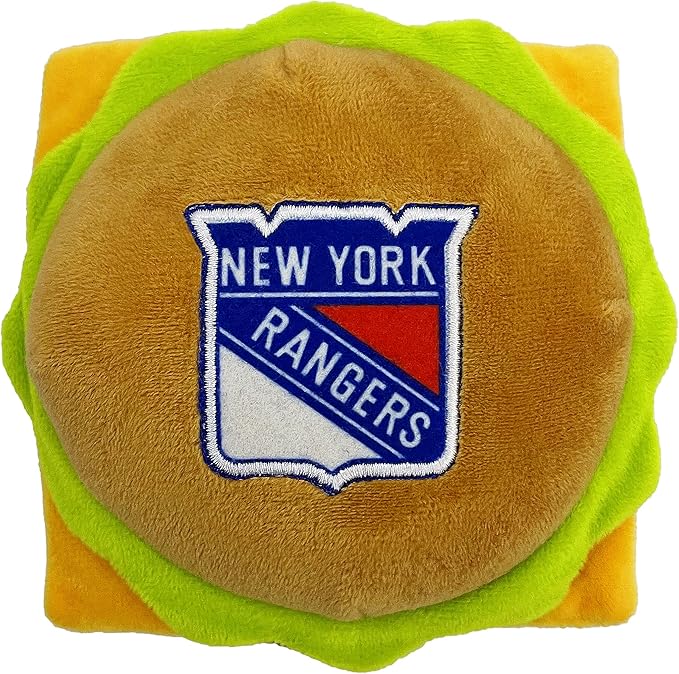 Pets First NHL New York Rangers Crinkle Fine Plush Dog & Cat Squeak Toy - Cutest STADIUM HAMBURGER Plush Toy for Dogs & Cats with INNER SQUEAKER & Beautiful Hockey Team Name/Logo