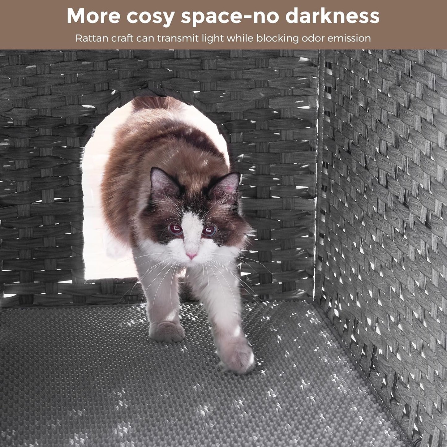 Cat Litter Box Enclosure with Litter Trapping Mat; Handwoven Plastic Rattan Cat House; No Installation Hidden Cat Washroom; Pet Crate for Balcony,Bedroom,Living Room