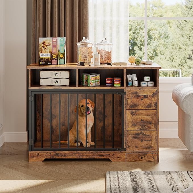 GarveeLife 48'' Dog Crate Furniture, Farmhouse Heavy Duty Dog Kennel with Bowl & Storage Drawers, Medium Dog Cage End Table for Small Medium Dogs, Retro Brown
