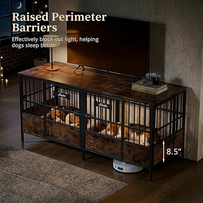IRONCK 67" Dog Crate Furniture for 1 or 2 Dogs – Heavy Duty Dog Kennel with Adjustable Divider, Double Dog Cage as TV Stand, Rustic Brown