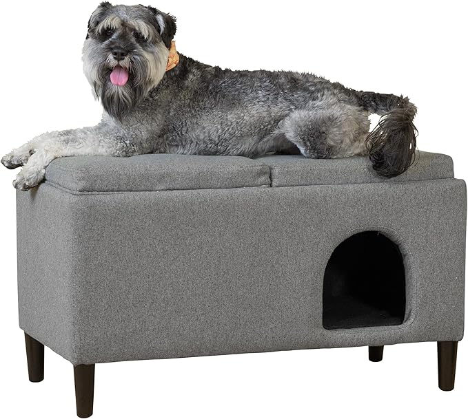 Paws & Purrs 32″ Wide Modern Dual-Purpose Ottoman & Multi-Cat Bed – Stylish 2-in-1 Footstool & Cozy Hideaway for Multiple Cats – Removable Cushioned Top, Hidden Storage, Grey