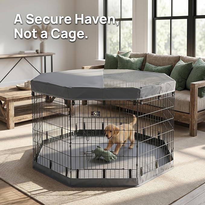 PJYuCien Dog Playpen with Top Cover and Bottom Pad - Metal Foldable Exercise Pen, 8 Panels 42" H x 24" W Indoor Outdoor Pet Fence Puppy Crate Kennel, Gray