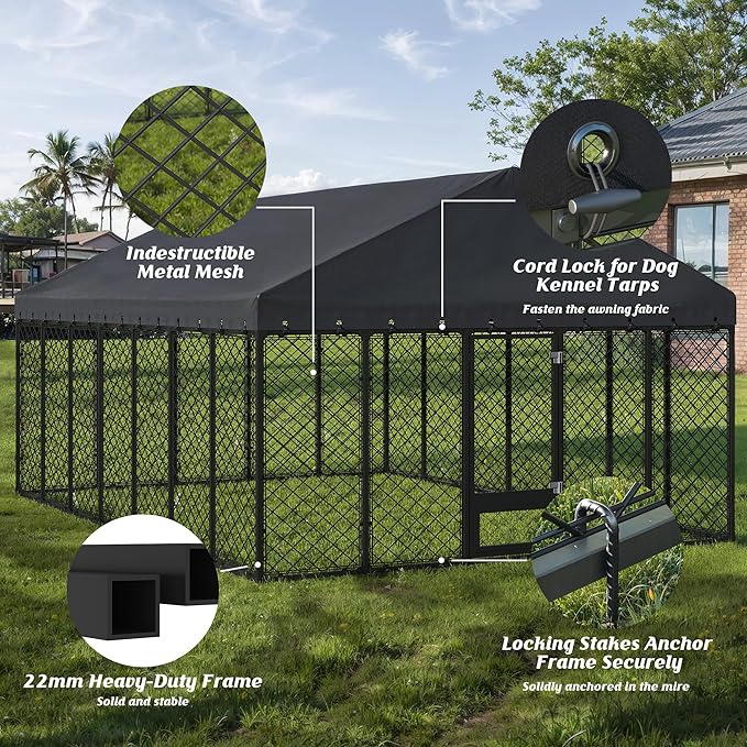 10x14FT Dog Kennel Outdoor with Roof - Heavy Duty Metal Fence Playpen for Large Dogs, Weatherproof Enclosure with Double Lock Gate & Feeding Swivel Door