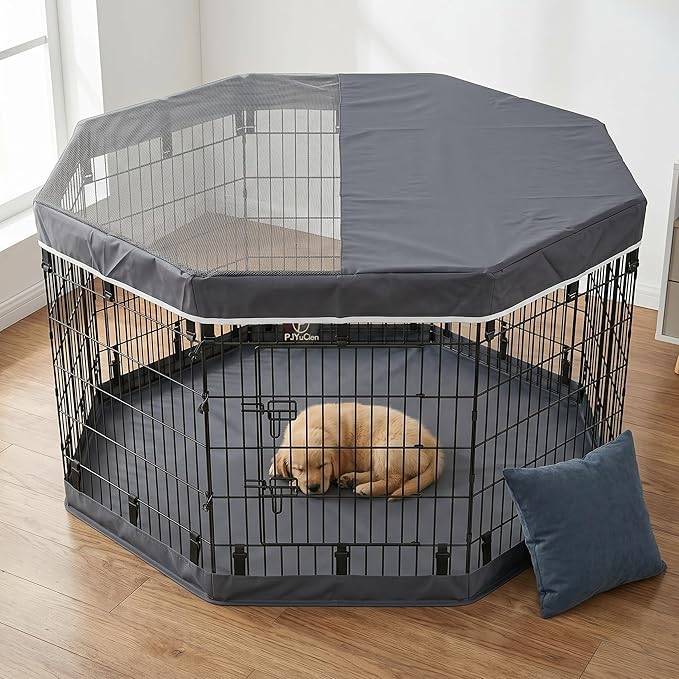 PJYuCien Dog Playpen with Top Cover and Bottom Pad - Metal Foldable Exercise Pen, 8 Panels 36" H x 24" W Indoor Outdoor Pet Fence Puppy Crate Kennel, Gray