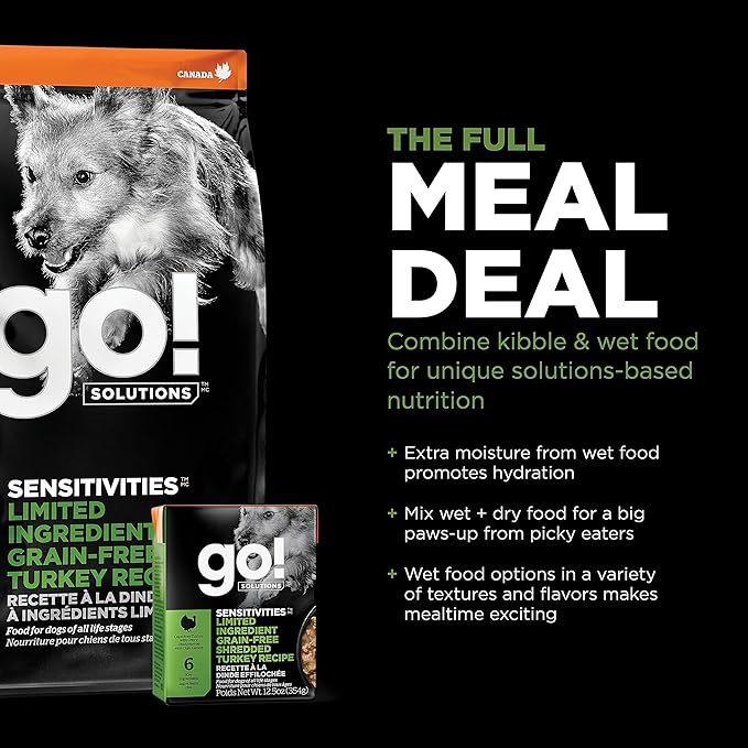 Go! Solutions Sensitivities Limited Ingredient Turkey Grain-Free Dry Dog Food, Chicken-Free Kibble Made by Experts for Sensitive Stomachs & Food Allergies, for Puppies, Adults, & Seniors, 12 lb Bag